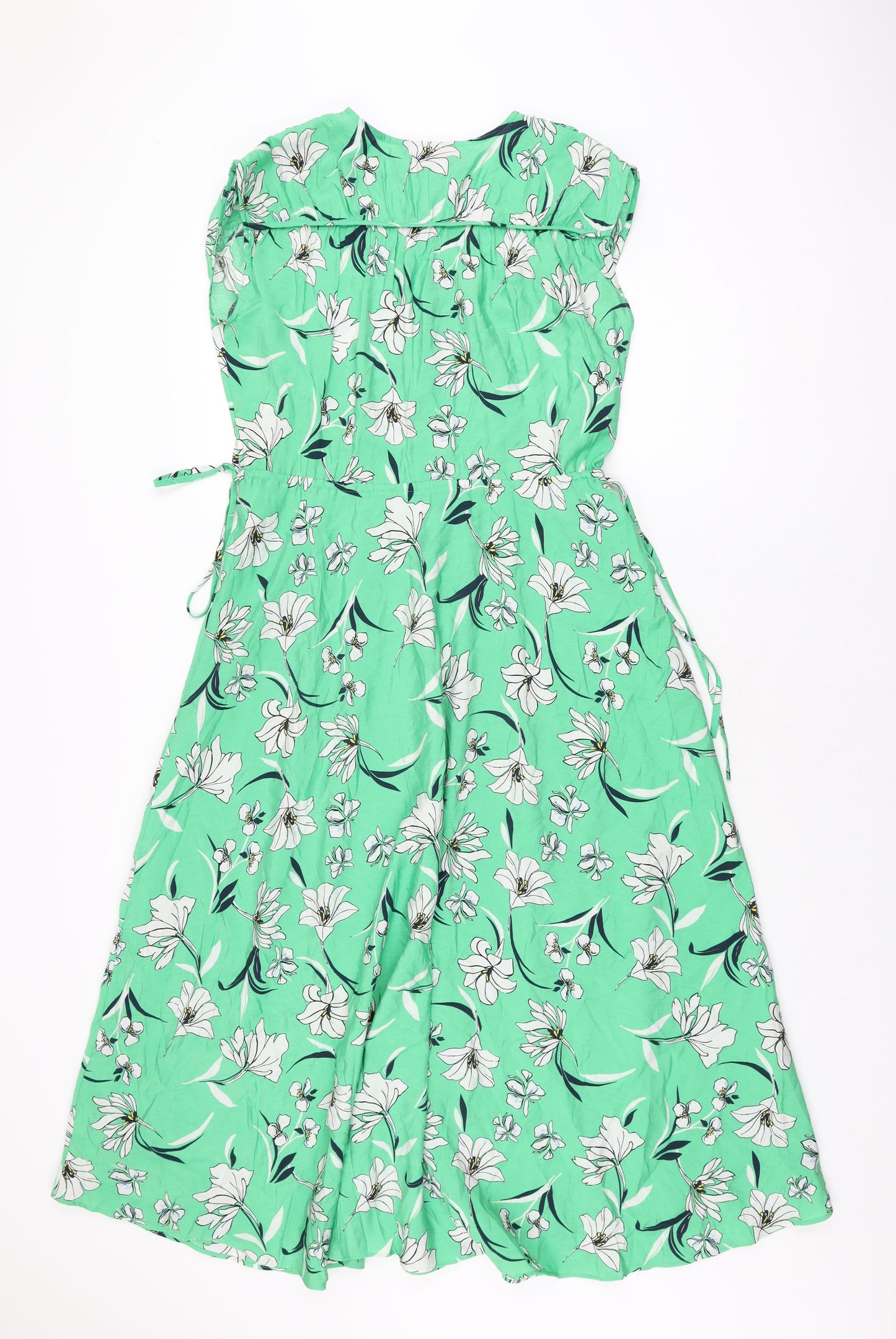 Marks and Spencer Womens Green Floral Viscose A-Line Size 8 V-Neck Tie