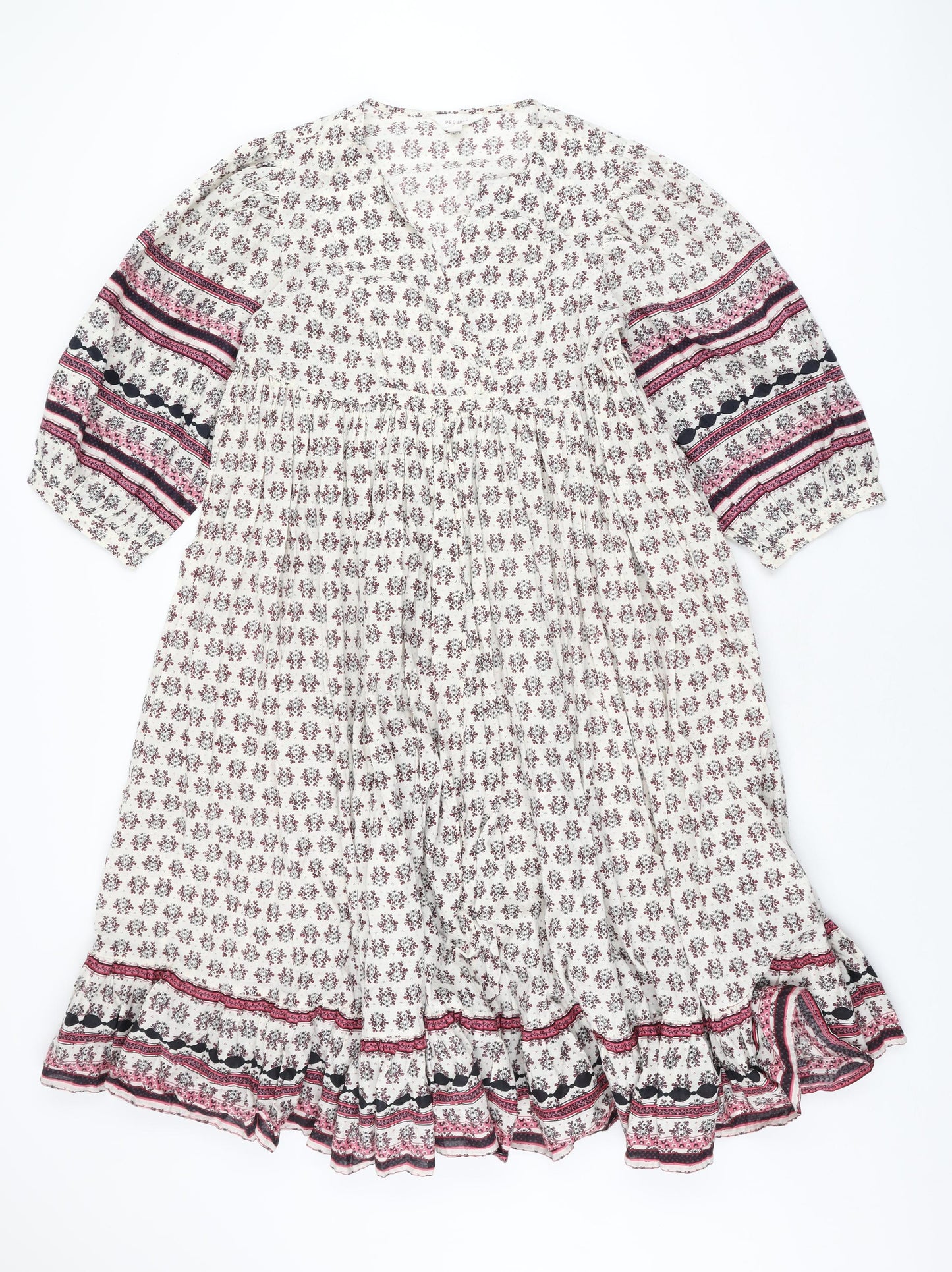 Per Una Womens Ivory Floral Cotton A-Line Size S V-Neck Pullover