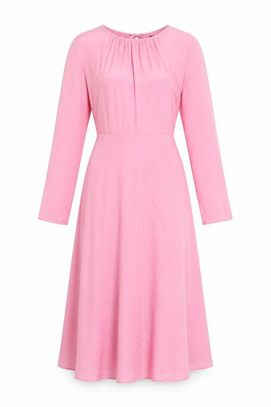 Front view of Marks & Spencer women’s pink polyester a-line, size UK 10, round neck zip