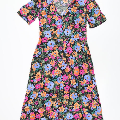 Nobody's Child Womens Black Floral Polyester A-Line Size 10 V-Neck Button