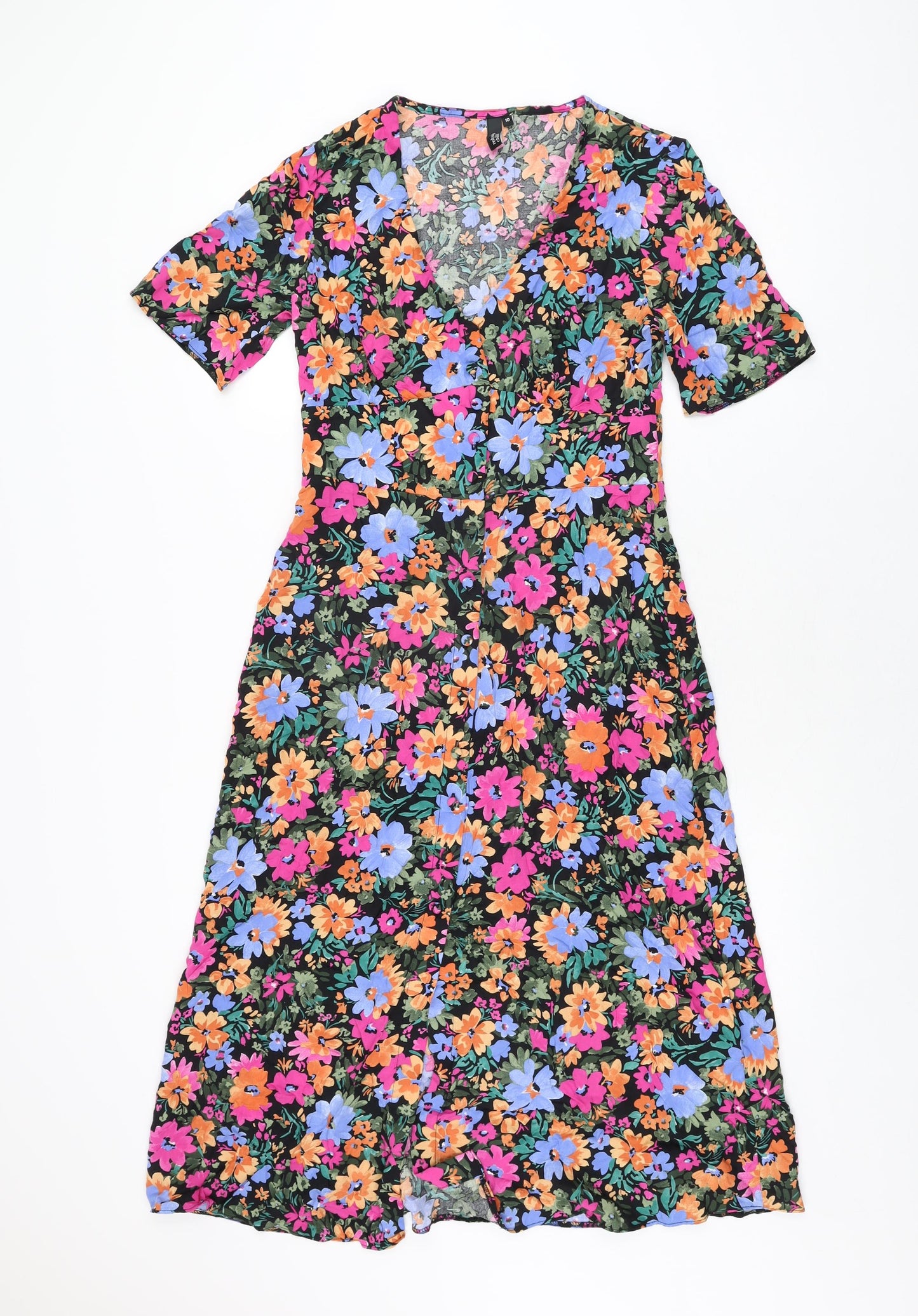 Nobody's Child Womens Black Floral Polyester A-Line Size 10 V-Neck Button