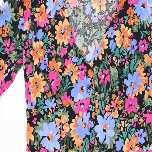 Nobody's Child Womens Black Floral Polyester A-Line Size 10 V-Neck Button