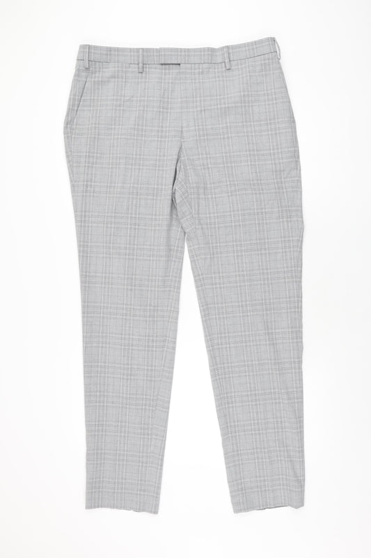 Marks and Spencer Mens Grey Plaid Polyester Trousers Size 38 in L33 in Regular Zip