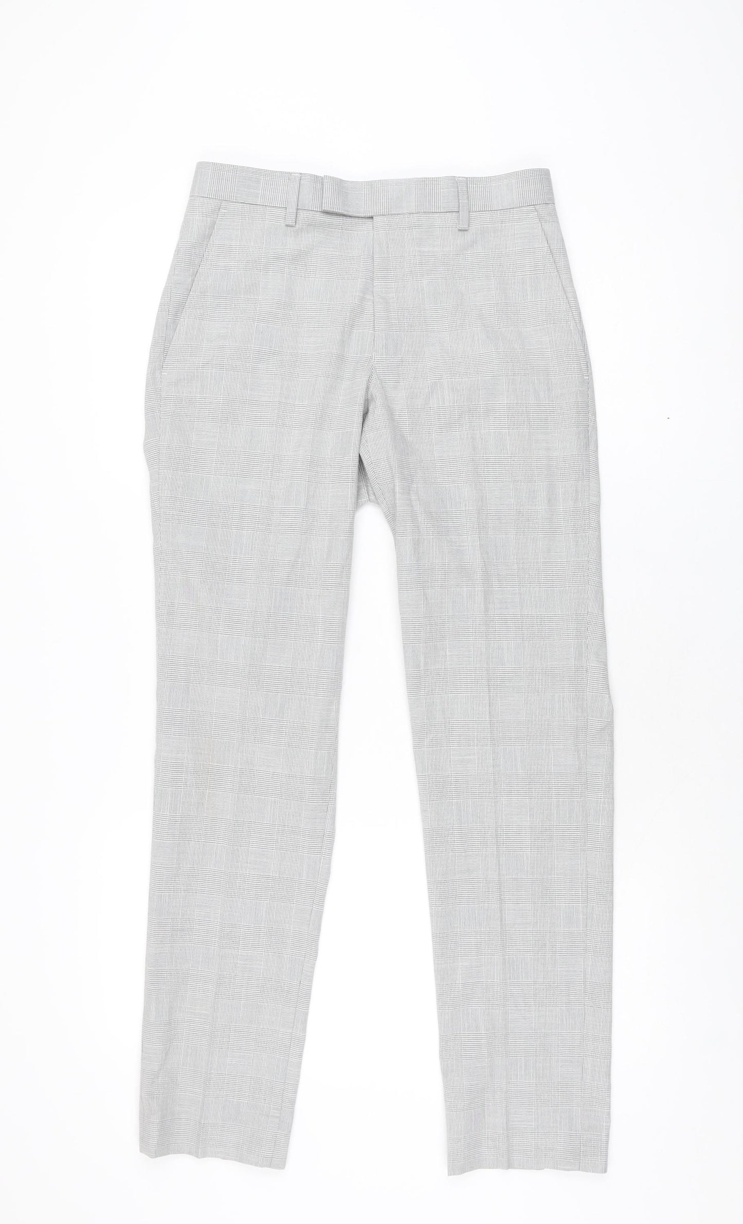 Marks and Spencer Mens Grey Plaid Polyester Trousers Size 28 in L31 in Regular Zip