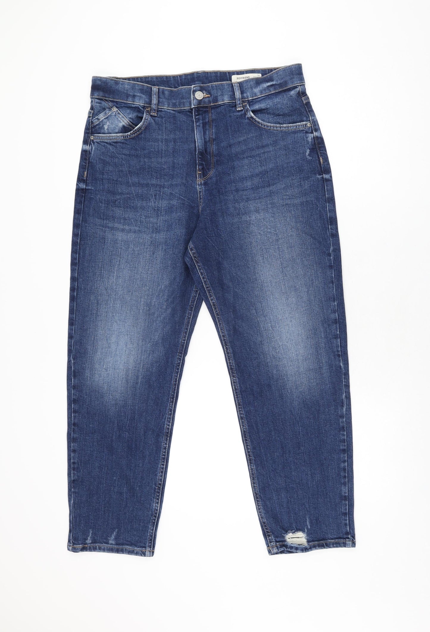 Marks and Spencer Womens Blue Cotton Boyfriend Jeans Size 14 L27 in Regular Zip