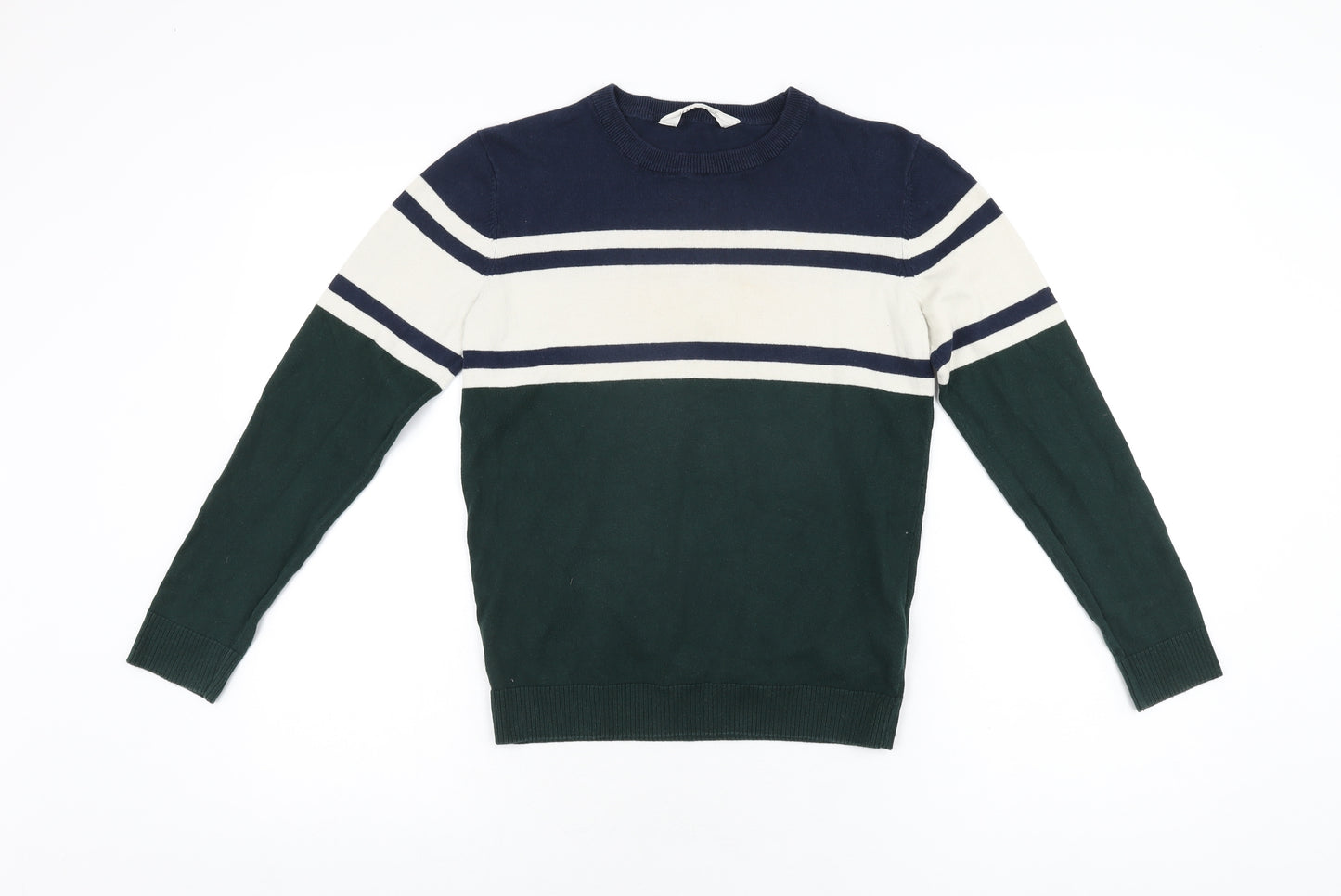 H&M Boys Green Round Neck Striped Cotton Pullover Jumper Size 9-10 Years Pullover