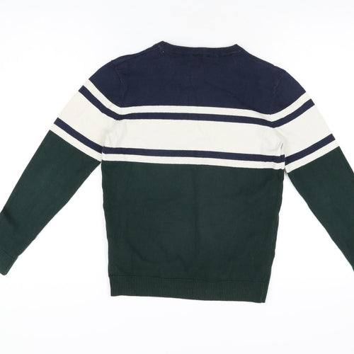 H&M Boys Green Round Neck Striped Cotton Pullover Jumper Size 9-10 Years Pullover