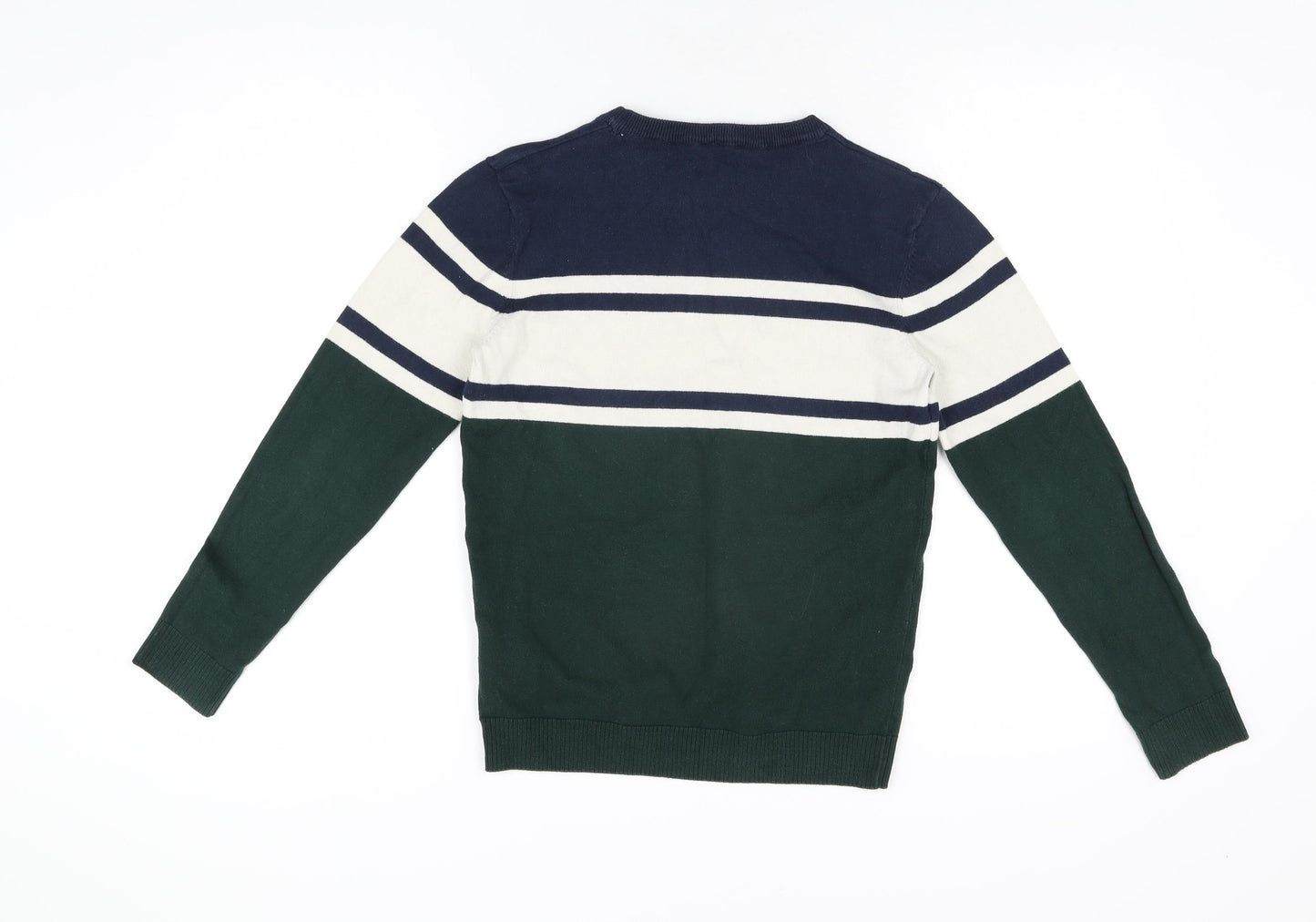 H&M Boys Green Round Neck Striped Cotton Pullover Jumper Size 9-10 Years Pullover
