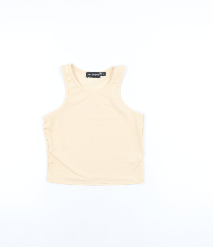 PRETTYLITTLETHING Womens Beige Polyester Basic T-Shirt Size 10 Round Neck