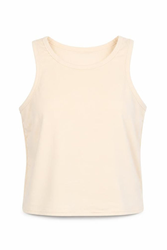 Front view of PRETTYLITTLETHING women’s beige polyester basic t-shirt, size UK 10, round neck