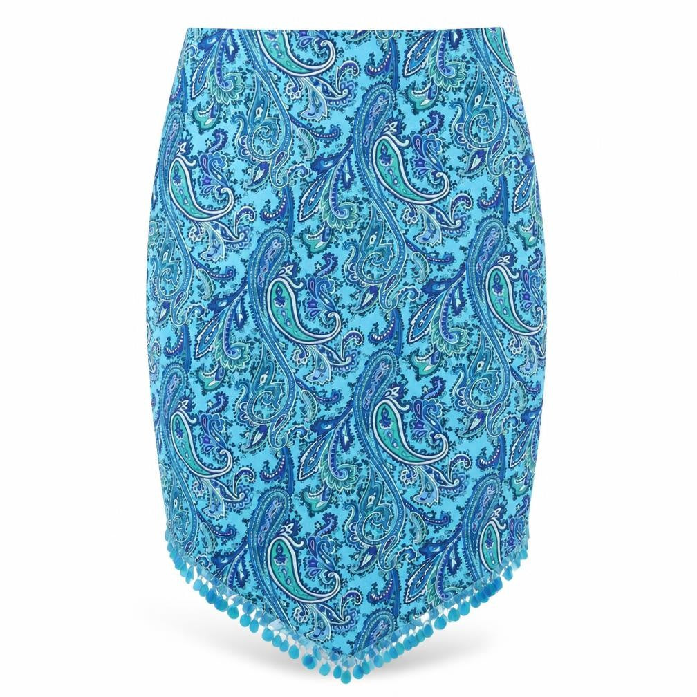 Front view of Select women’s blue paisley polyester straight & pencil skirt, size UK 14, zip