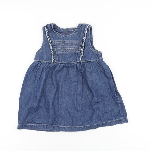 Marks and Spencer Girls Blue Cotton A-Line Size 9-12 Months Round Neck Button