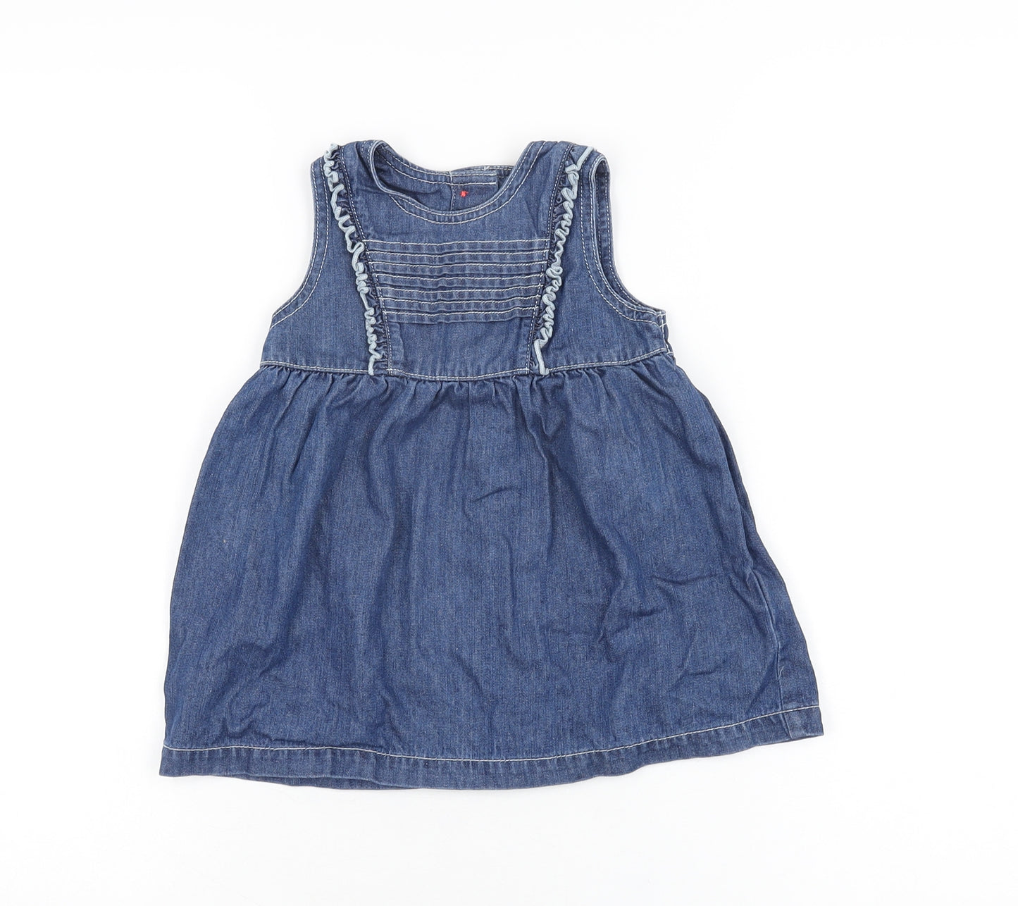 Marks and Spencer Girls Blue Cotton A-Line Size 9-12 Months Round Neck Button