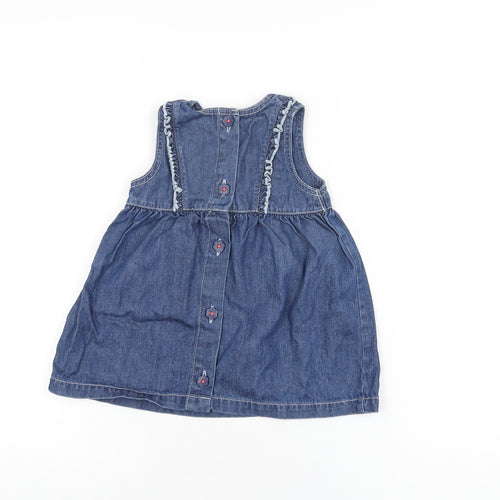 Marks and Spencer Girls Blue Cotton A-Line Size 9-12 Months Round Neck Button