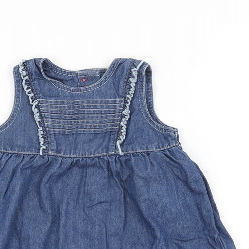 Marks and Spencer Girls Blue Cotton A-Line Size 9-12 Months Round Neck Button