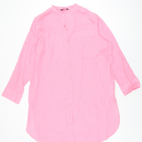 Marks and Spencer Womens Pink Cotton Basic Button-Up Size 16 V-Neck