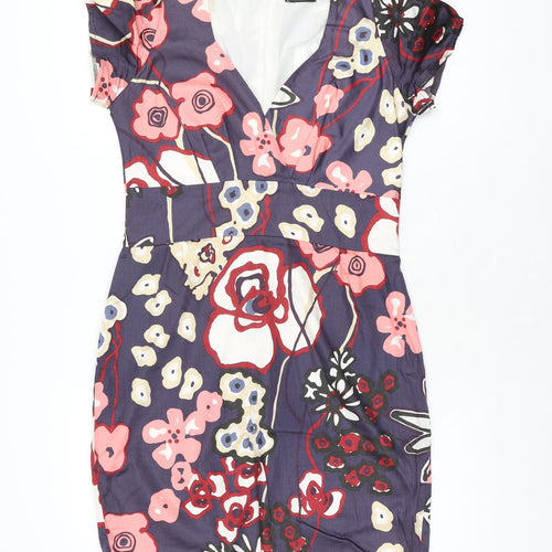 Ecoline Womens Purple Floral Cotton Bodycon Size 12 V-Neck Zip