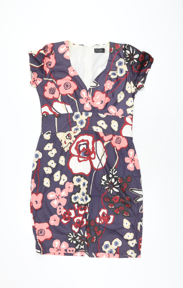 Ecoline Womens Purple Floral Cotton Bodycon Size 12 V-Neck Zip