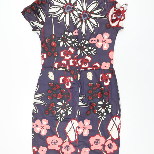 Ecoline Womens Purple Floral Cotton Bodycon Size 12 V-Neck Zip