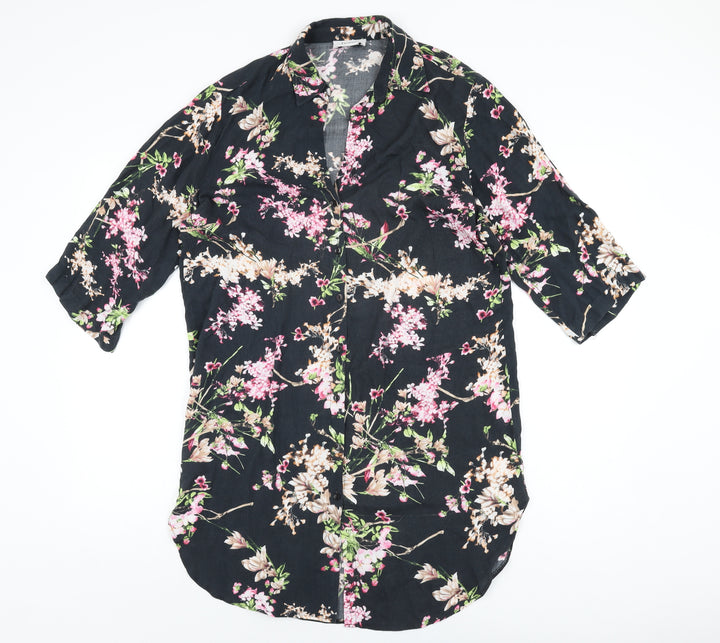 HEINE Womens Black Floral Polyester Basic Button-Up Size 14 Collared