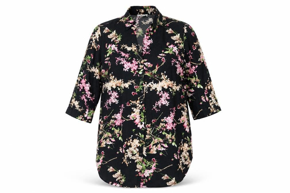 HEINE Womens Black Floral Polyester Basic Button-Up Size 14 Collared