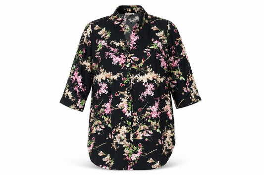 Front view of HEINE women’s black floral polyester basic button-up, size UK 14, collared
