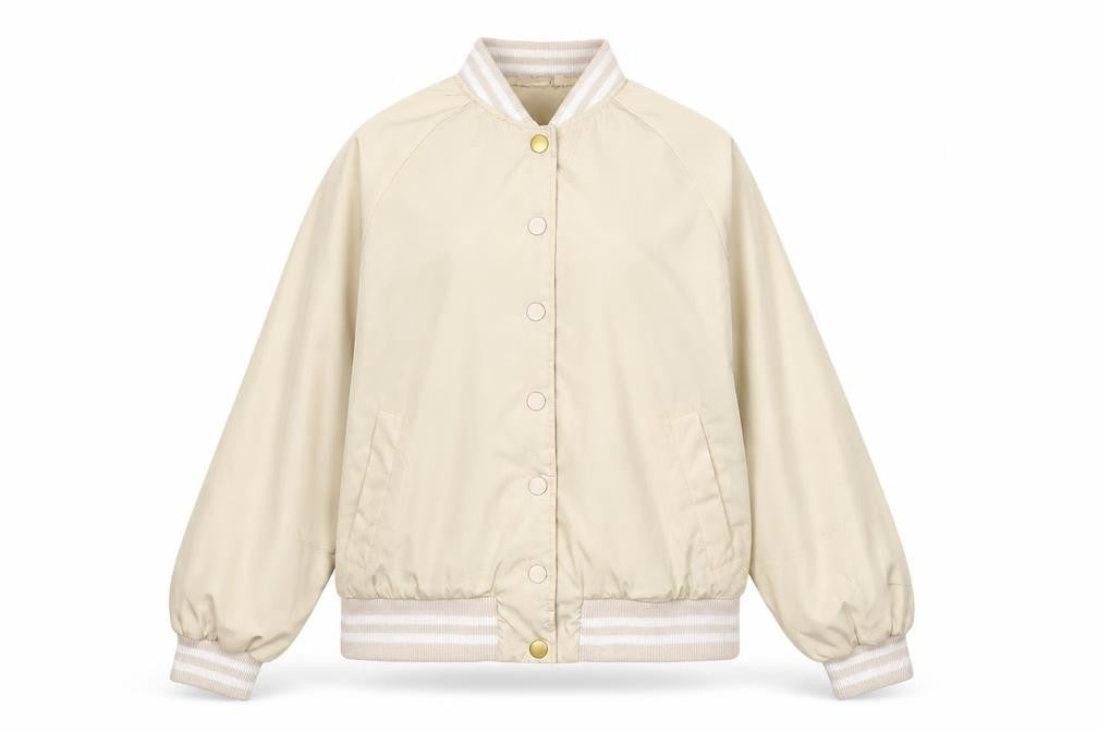 Front view of Bik Bok women’s beige bomber jacket jacket, size S, zip