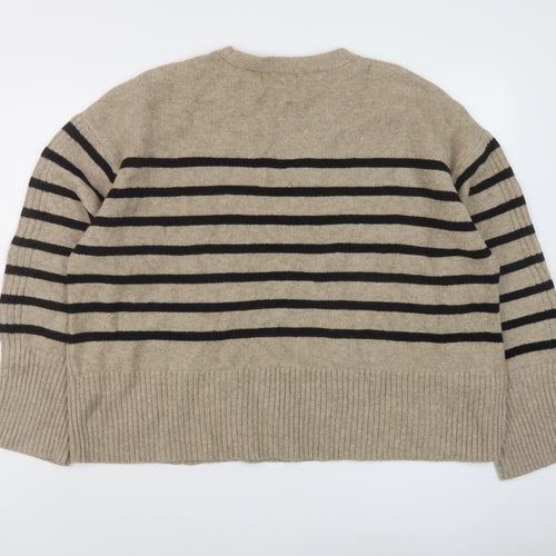 Marks and Spencer Womens Beige V-Neck Striped Polyester Pullover Jumper Size XL