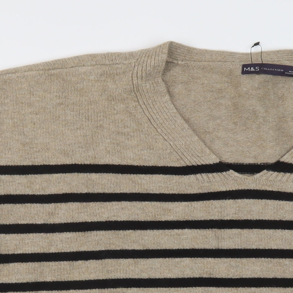 Marks and Spencer Womens Beige V-Neck Striped Polyester Pullover Jumper Size XL