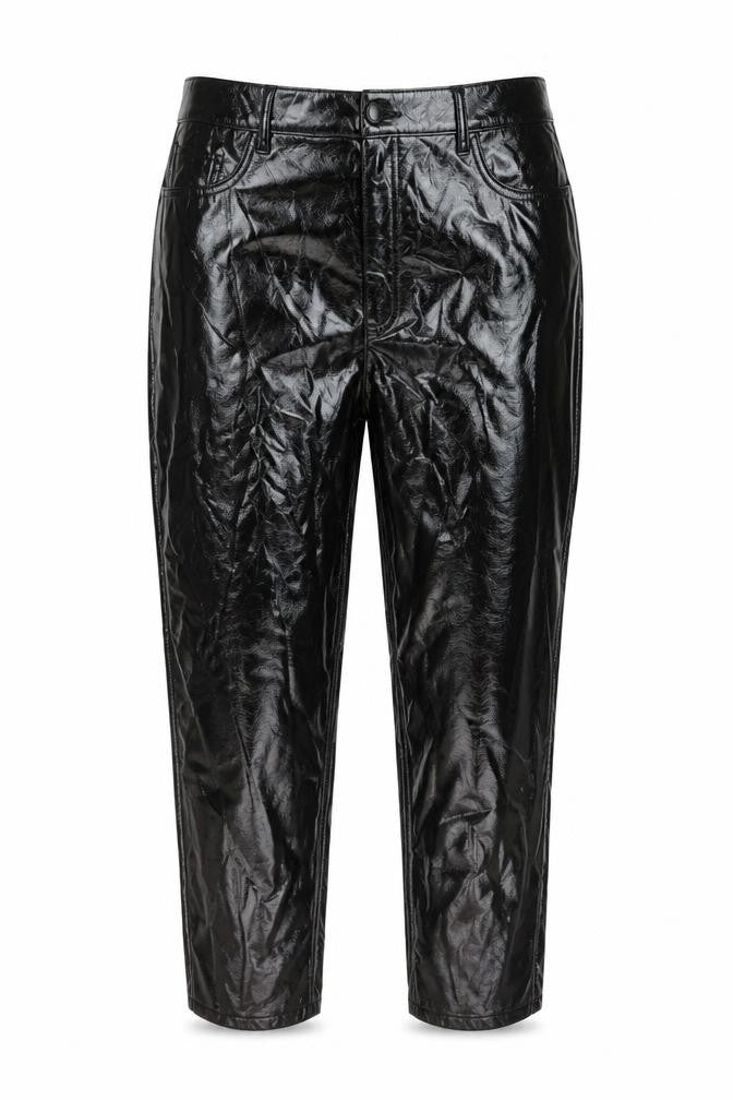 Front view of Marks & Spencer women’s black polyurethane trousers, size UK 16, 26-inch leg regular button