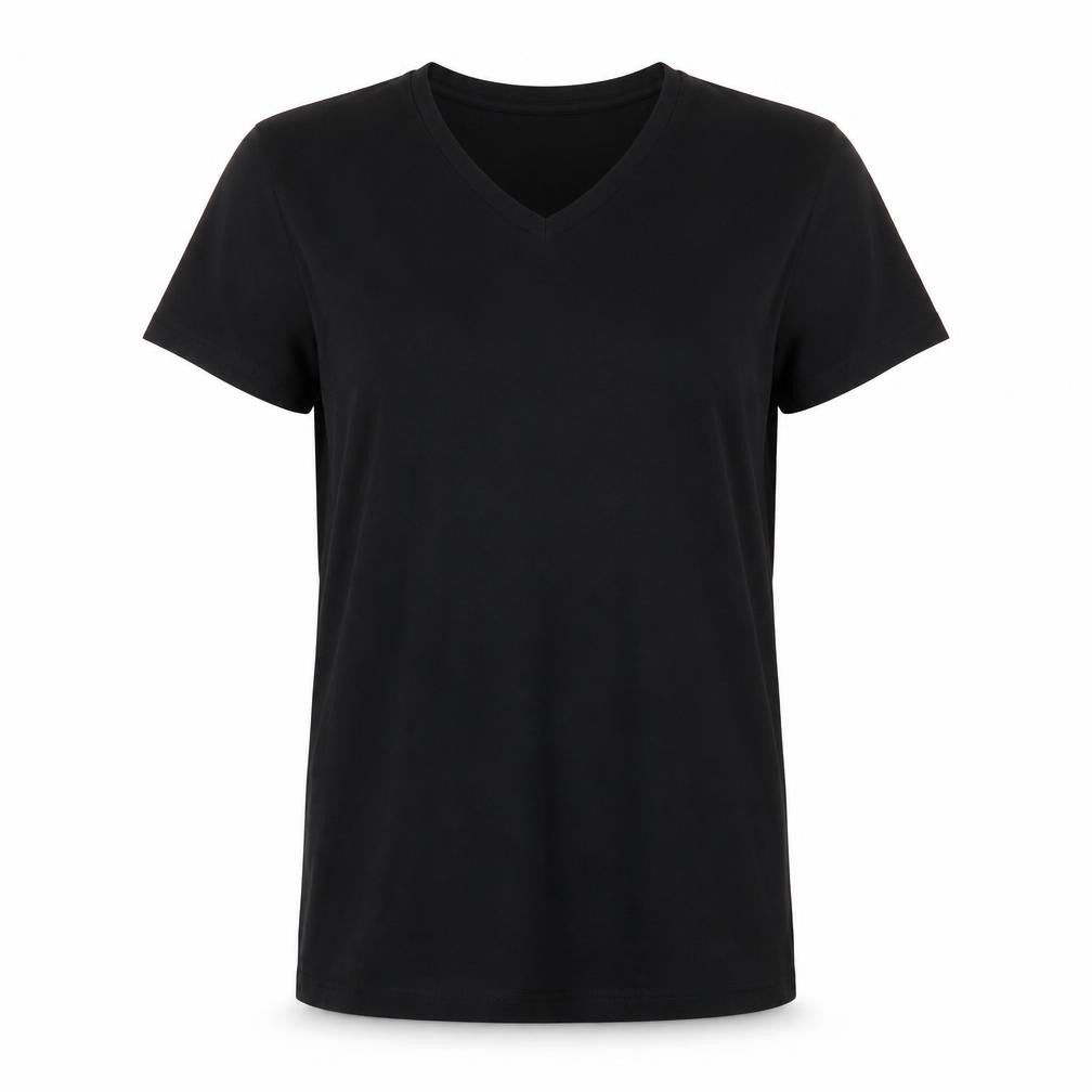Front view of Marks & Spencer women’s beige polyester basic t-shirt, size UK 6, v-neck