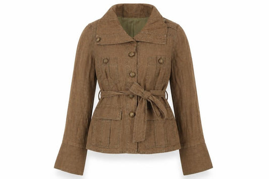 Front view of Patrizia Pepe women’s brown jacket, size UK 14, button