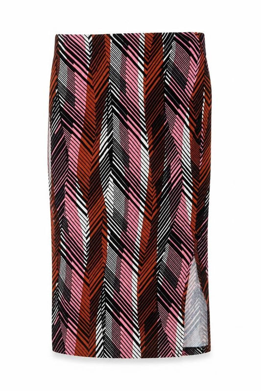 Front view of Dorothy Perkins women’s multicoloured geometric viscose bandage skirt, size UK 8