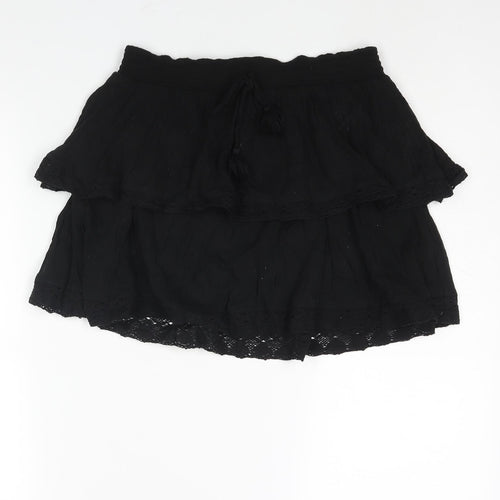 Accessorize Womens Black Cotton Mini Skirt Size M Drawstring - Layered Lace Trim