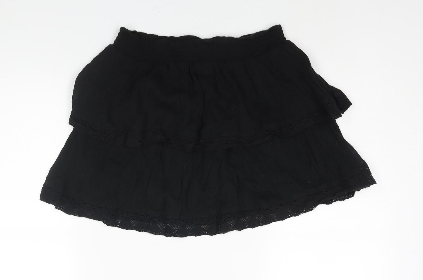 Accessorize Womens Black Cotton Mini Skirt Size M Drawstring - Layered Lace Trim