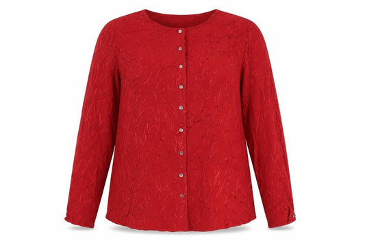 Front view of Berkertex women’s red geometric polyester basic button-up, size UK 18, round neck