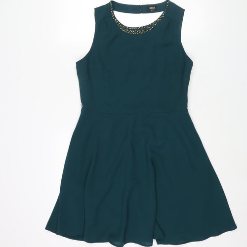 Oasis Womens Green Polyester Fit & Flare Size 14 Round Neck Zip - Open Back Detail Beading