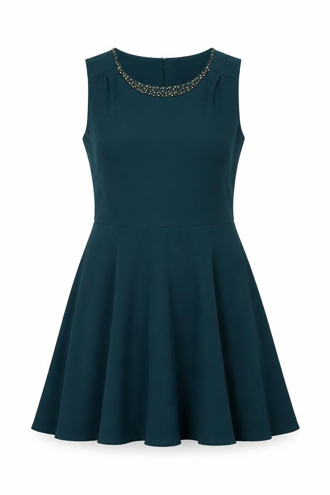 Oasis Womens Green Polyester Fit & Flare Size 14 Round Neck Zip - Open Back Detail Beading