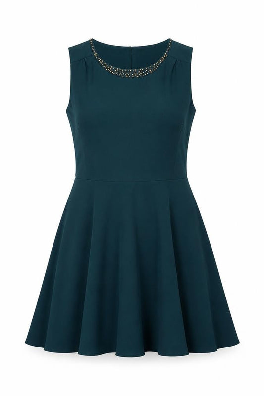Front view of Oasis women’s green polyester fit & flare, size UK 14, round neck zip - open back detail beading