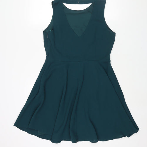 Oasis Womens Green Polyester Fit & Flare Size 14 Round Neck Zip - Open Back Detail Beading