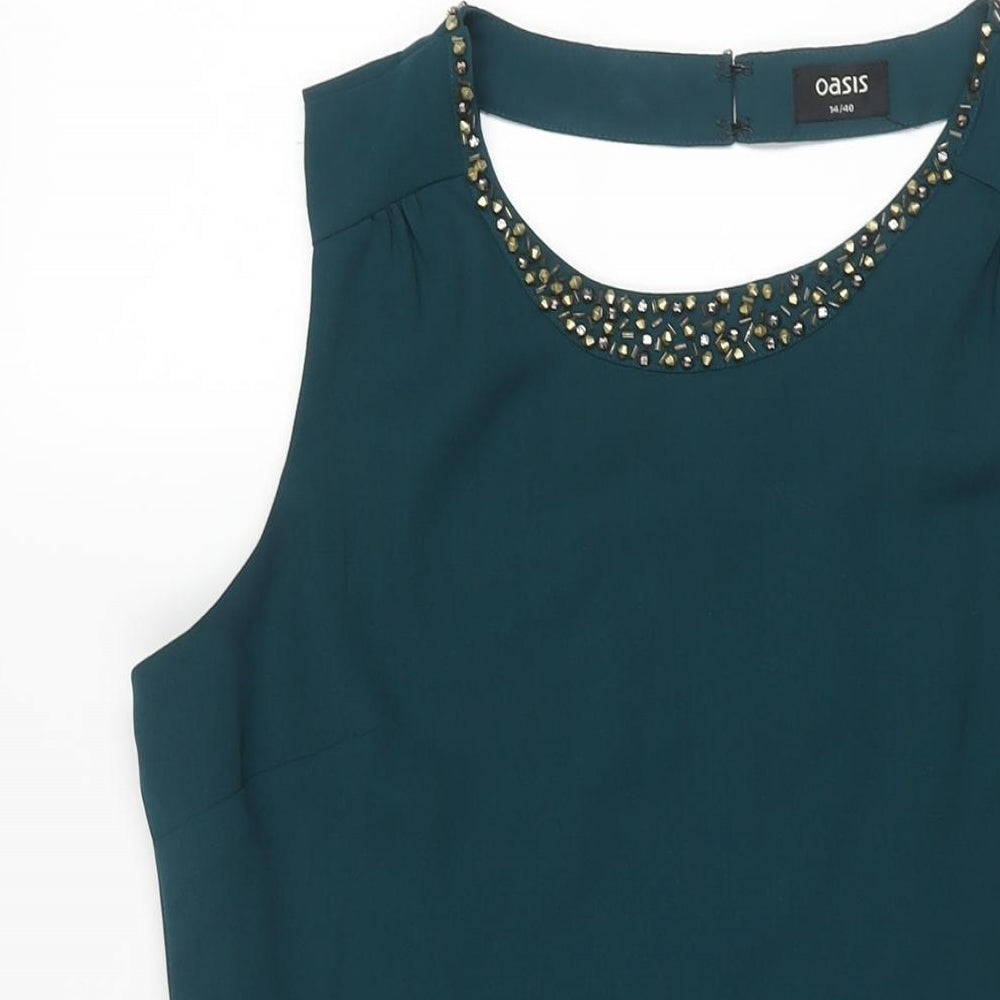 Oasis Womens Green Polyester Fit & Flare Size 14 Round Neck Zip - Open Back Detail Beading