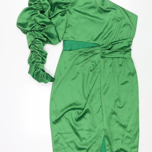Boohoo Womens Green Polyester Pencil Dress Size 10 One Shoulder Zip - Rouched Sleeve