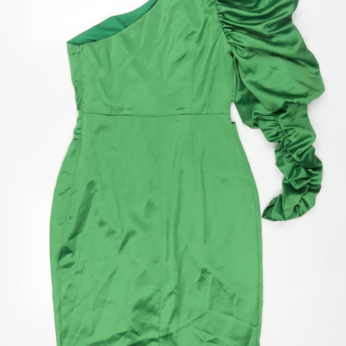 Boohoo Womens Green Polyester Pencil Dress Size 10 One Shoulder Zip - Rouched Sleeve