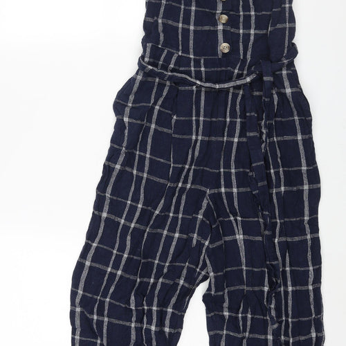 Marks and Spencer Womens Blue Check Linen Jumpsuit One-Piece Size 10 L20 in Zip - Belted Button
