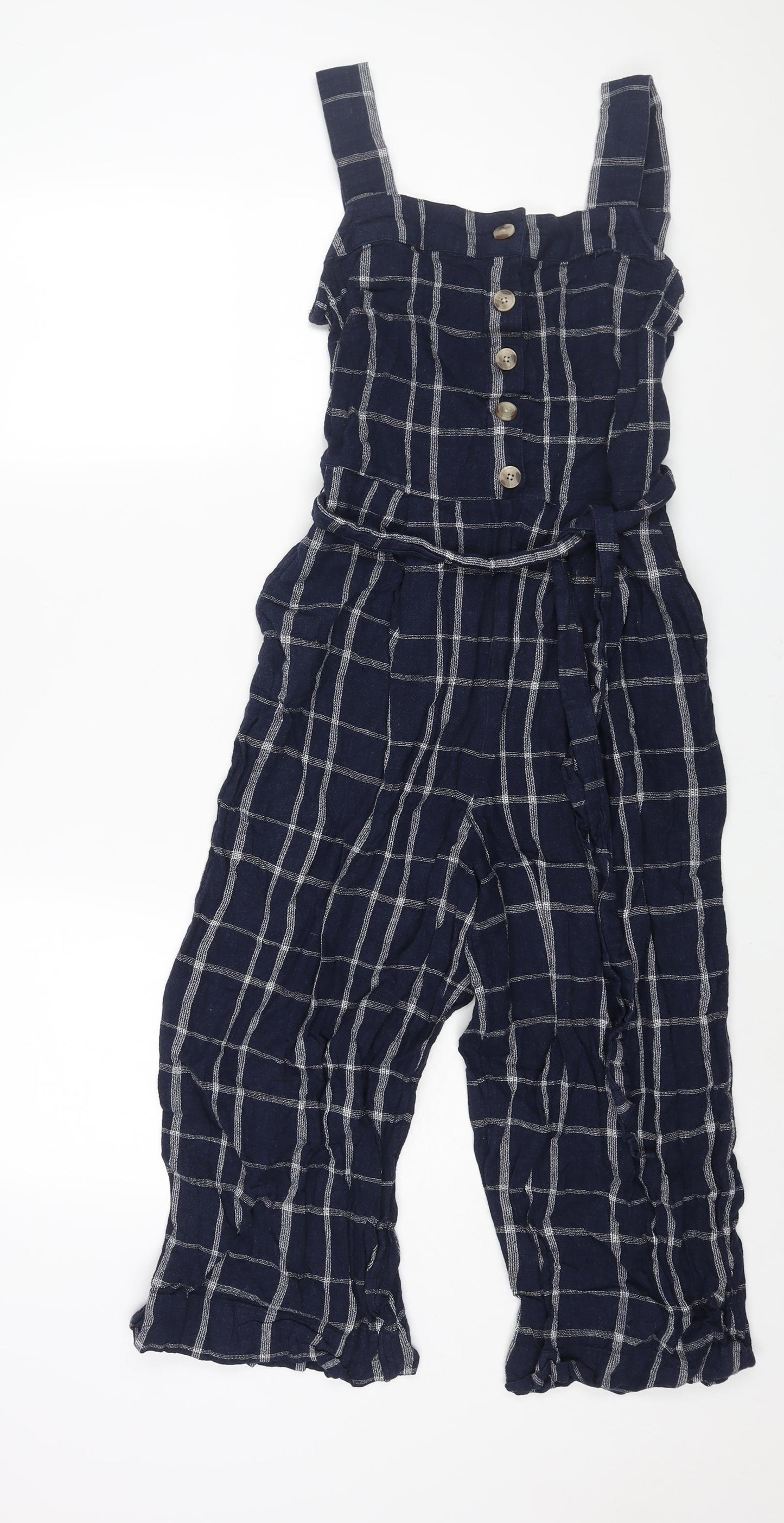 Marks and Spencer Womens Blue Check Linen Jumpsuit One-Piece Size 10 L20 in Zip - Belted Button
