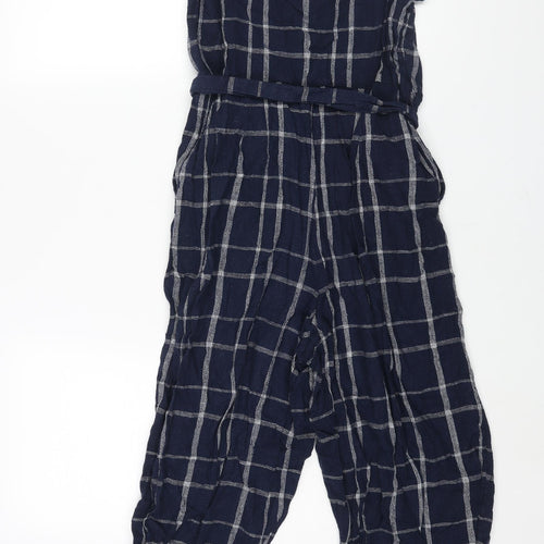 Marks and Spencer Womens Blue Check Linen Jumpsuit One-Piece Size 10 L20 in Zip - Belted Button