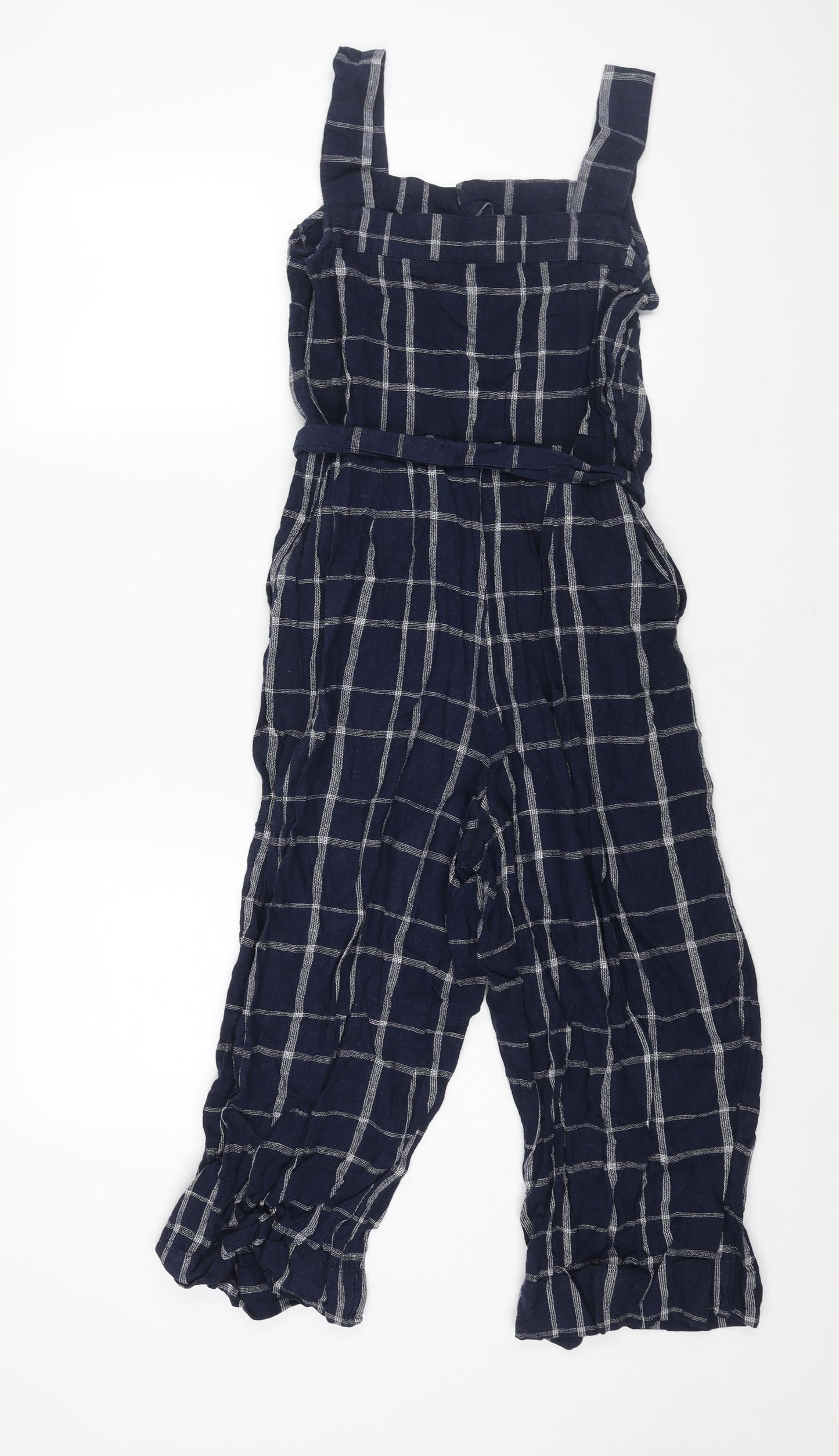 Marks and Spencer Womens Blue Check Linen Jumpsuit One-Piece Size 10 L20 in Zip - Belted Button