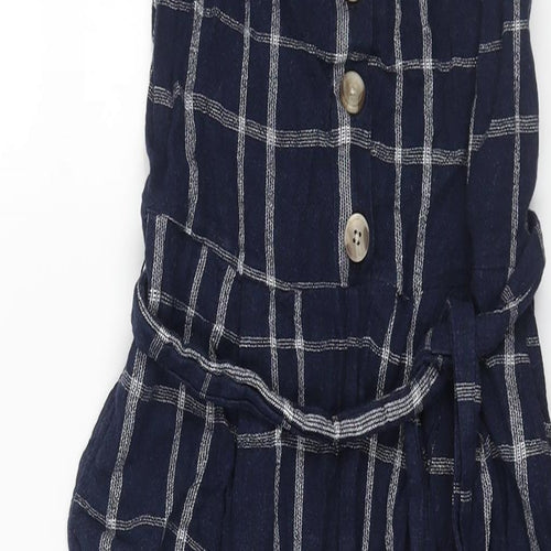 Marks and Spencer Womens Blue Check Linen Jumpsuit One-Piece Size 10 L20 in Zip - Belted Button
