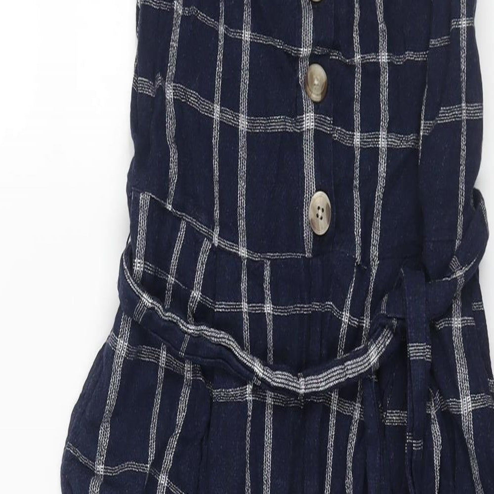 Marks and Spencer Womens Blue Check Linen Jumpsuit One-Piece Size 10 L20 in Zip - Belted Button