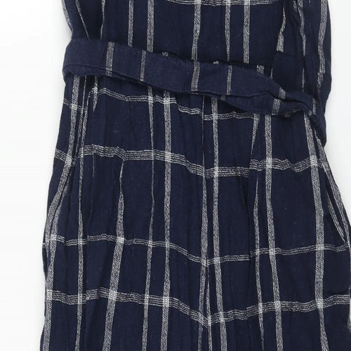 Marks and Spencer Womens Blue Check Linen Jumpsuit One-Piece Size 10 L20 in Zip - Belted Button
